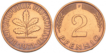 ФРГ 2 ПФЕННИГА 1971 F KM 106a, J.381a сталь плакированная сталь плакированная медьюю 4532-1259