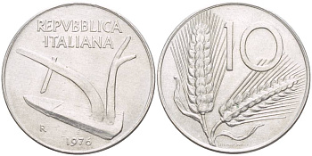 ИТАЛИЯ 10 ЛИР 1976 R, КОЛОСЬЯ, ПЛУГ KM 93 алюминий 4551-223