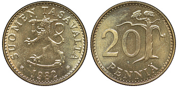 Финляндия 20 пенни 1982 K KM 47 алюминиевая бронза UNC 259-545