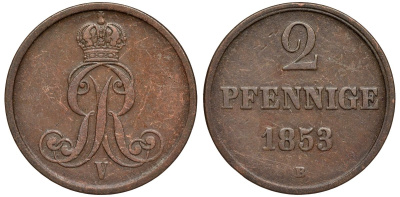Брауншвейг-Каленберг-Ганновер 2 пфеннига 1853 B, Георг V (1851-1866) KM 217,aKS 152, J. 84 медь 4142-234