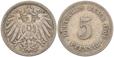 ГЕРМАНИЯ 5 ПФЕННИГОВ 1906 A, KM 11, J. 12 медно-никель 73-1767