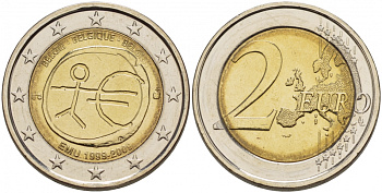 Бельгия 2 евро 2009 10 лет монетарной политики ЕС (EMU) и введения евро KM 282 биметалл UNC 1094-6-42