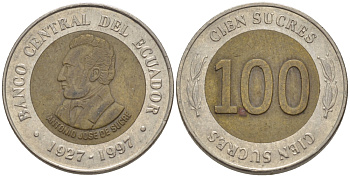 ЭКВАДОР 100 СУКРЕ 1997 АНТОНИО ХОСЕ де СУКРЕ, 70 ЛЕТ ЦЕНТРАЛЬНОМУ БАНКУ KM 101 биметалл 66-924