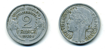 ФРАНЦИЯ 2 ФРАНКА 1946 KM 886а.1 алюминий 84-613