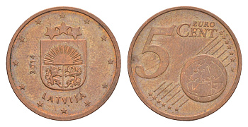 Латвия 5 евроцентов 2014 KM 152 сталь плакированная медью 4649-1238