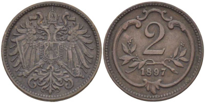 АВСТРИЯ 2 ГЕЛЛЕРА 1897 ФРАНЦ ИОСИФ (1846-1918) KM 2801 бронза 201-948