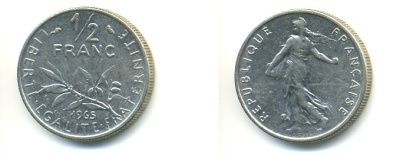 Франция 1/2 франка 1965 сеятель KM 931, Le Franc 198.3 никель 83-323