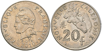 Французская Новая Каледония 20 франков 2010 три быка, (IEOM) KM 12a, Schoen 14a медно-никель 4137-424