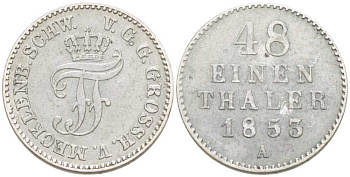 Мекленбург-Шверин 1/48 талера 1853 А, Фридрих Франц II (1842-1883) AKS 44, J.57, KM 311 (С107а) серебро 206-311