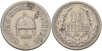 Венгрия 10 филлеров 1892 KB, Франц Иосиф I (1848-1916), редкий год KM 482 никель 4151-1045