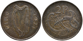 Ирландия 2 пенса 1971 виньетка в виде стилизованной птицы из второй библии Карла II лысого KM 21 бронза 4171-224