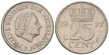 Нидерланды 25 центов 1977 Юлиана (1948-1980) KM 183 никель 4564-1253