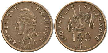 Французская Новая Каледония 100 франков 2002 хижина среди сосен и пальм, (IEOM) KM 15, Schoen 16, Lec 139f никель латунь 4149-124