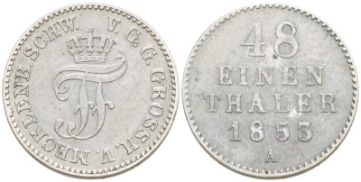 Мекленбург-Шверин 1/48 талера 1853 А, Фридрих Франц II (1842-1883) AKS 44, J.57, KM 311 (С107а) серебро 206-311