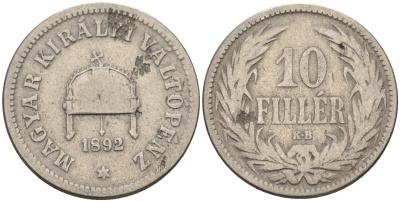 Венгрия 10 филлеров 1892 KB, Франц Иосиф I (1848-1916), редкий год KM 482 никель 4151-1045