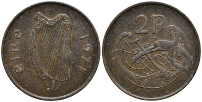 Ирландия 2 пенса 1971 виньетка в виде стилизованной птицы из второй библии Карла II лысого KM 21 бронза 4171-224