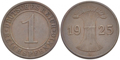 ГЕРМАНИЯ 1 РЕЙХСПФЕННИГ 1925 A KM 37 J. 313 бронза 116-755