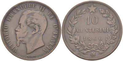 ИТАЛИЯ 10 ЧЕНТЕЗИМО 1866 OM, МОНДВОР СТРАСБУРГ, ВИКТОР ЭММАНУИЛ II (1861-1878) KM 11.5 медь 4526-734