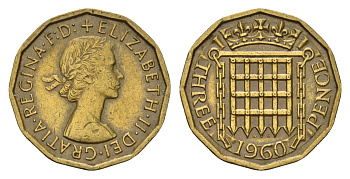 Великобритания 3 пенса 1960 Елизавета II (1952-2022) KM 900, Spink 4153 никель латунь 85-451