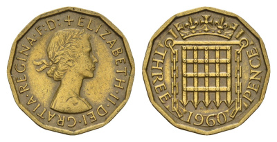 Великобритания 3 пенса 1960 Елизавета II (1952-2022) KM 900, Spink 4153 никель латунь 85-451