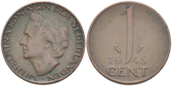 НИДЕРЛАНДЫ 1 ЦЕНТ 1948 ВИЛЬГЕЛЬМИНА (1890-1948) KM 107 бронза 214-1015