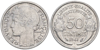 ФРАНЦИЯ 50 САНТИМОВ 1941 ТИП MORLON LOURDE KM 894.1a, LE FRANC 193.2 алюминий 44-237