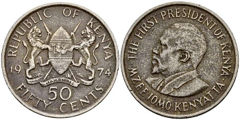 Кения 50 центов 1974 Джомо Кениата KM 13 медно-никель 4511-1126