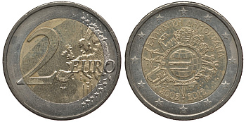 Греция 2 евро 2012 10 лет монетарной политике и наличному евро KM 245 биметалл 4384-557