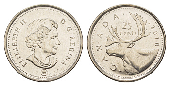 Канада 25 центов 2010 Leaf, Елизавета II (1952-2022), олень KM 493 сталь плакированная никелем UNC 4637-845