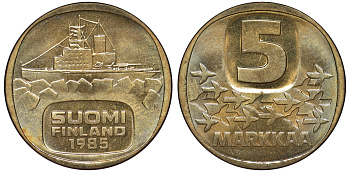Финляндия 5 марок 1985 N, ледокол "URHO" KM 57 алюминиевая бронза UNC 3334-344