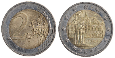 ФРГ 2 евро 2010 А, Бремен, городская ратуша и Роланд, серия Федеральные земли Германии KM 285 биметалл 93-631