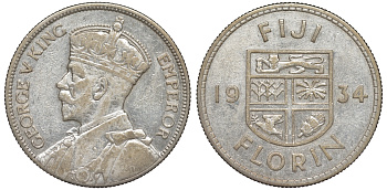 Фиджи 1 флорин 1934 Георг V (1910-1936), герб Фиджи KM 5 серебро    91-1132