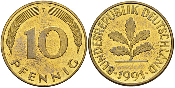 ФРГ 10 пфеннигов 1991 F KM 108, J. 383 сталь плакированная латунью 4175-1052