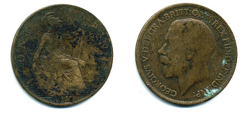 Великобритания 1 пенни 1917 Георг V (1910-1936) КМ 810, Spink 4051 бронза 41-143