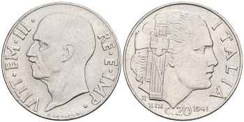 ИТАЛИЯ 20 ЧЕНТЕЗИМО 1941 R, ГОД XIX, ВИКТОР ЭММАНУИЛ III (1900-1946) KM 75b, VEM3. 1028 нержавеющая сталь 3853-1122