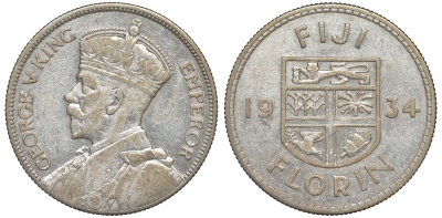 Фиджи 1 флорин 1934 Георг V (1910-1936), герб Фиджи KM 5 серебро    91-1132