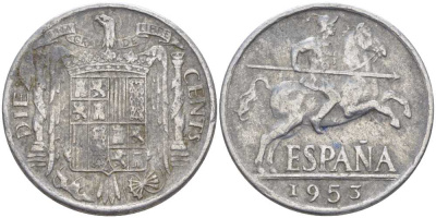 ИСПАНИЯ 10 СЕНТИМО 1953 РЫЦАРЬ НА КОНЕ KM 766 алюминий 119-913