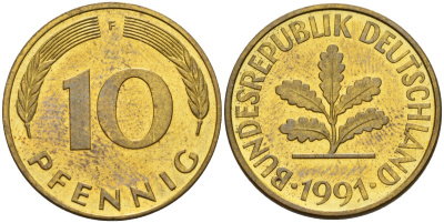 ФРГ 10 пфеннигов 1991 F KM 108, J. 383 сталь плакированная латунью 4175-1052