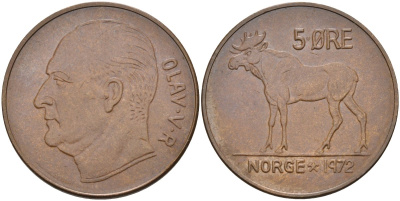 Норвегия 5 эре 1972 лось, Улаф V (1958-1991) KM 405 бронза aUNC 4111-616