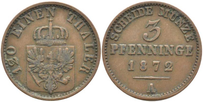 ПРУССИЯ 3 ПФЕННИГА 1872 А, ВИЛЬГЕЛЬМ I (1861-1888) KM 482 медь 117-1127