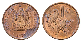 ЮАР 1 цент 1977 герб, капские воробьи, первый год KM 82 бронза UNC 4643-244