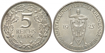Германия 5 марок 1925 F, 1000 летие Рейнланда Weege 25, J. 322, KM 46 серебро UNC 00-809-27