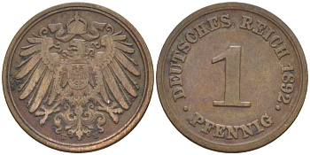 ГЕРМАНИЯ 1 ПФЕННИГ 1892 E KM 10, J. 10, Weege 2 медь 211-148