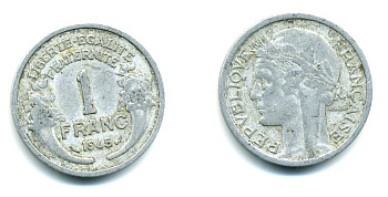 ФРАНЦИЯ 1 ФРАНК 1945 KM 885а.1 алюминий 45-931