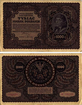 ПОЛЬША 1000 МАРОК 1919 23 АВГУСТА 1919, ТРЕТИЙ ВЫПУСК, ПОРТРЕТ КОСТЮШКО Pick 29 бумага XF 8607-36-1