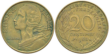 ФРАНЦИЯ 20 САНТИМОВ 1964 ТИП MARIANNE KM 930, LE FRANC 156.4 алюминиевая бронза 175-825
