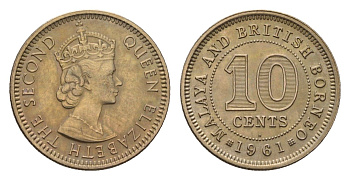 Малайя и Британское Борнео 10 центов 1961 Елизавета II (1952-2022), британские колония KM 2 медно-никель 4679-668