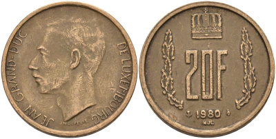 Люксембург 20 франков 1980 герцог Жан (1964-1999) KM 58 алюминиевая бронза 4126-326