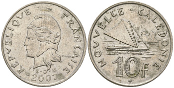 Французская Новая Каледония 10 франков 2007 рыбачья парусная лодка, (IEOM) KM 11a, Schoen 13a, Lec 99k медно-никель 56-632