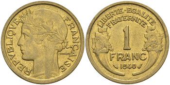 Франция 1 франк 1940 тип Морлон KM 885, LE FRANC 219.11 алюминиевая бронза 3853-221